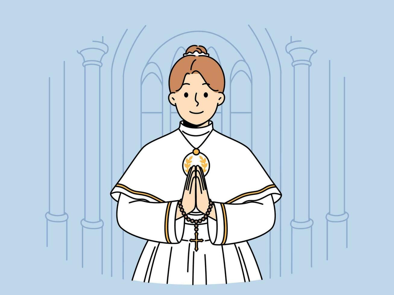 Little catholic girl takes part in first holy communion and stands in temple making prayer gesture vector