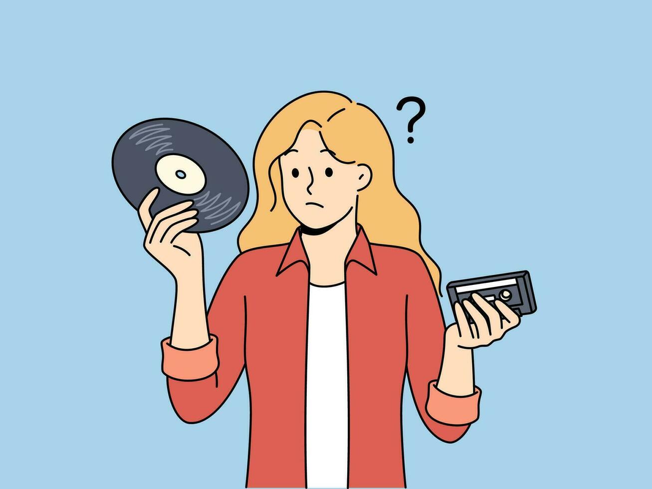 Girl with vinyl record and tape cassette looks confusedly at old-fashioned storage media with music vector