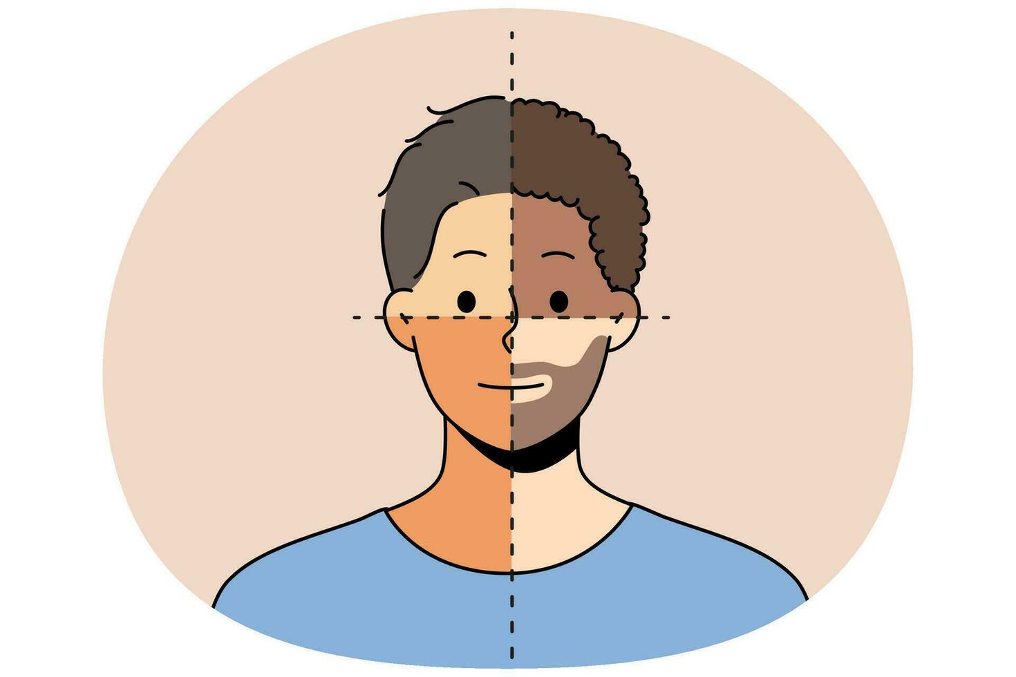 Young man with parts of different face skin color vector