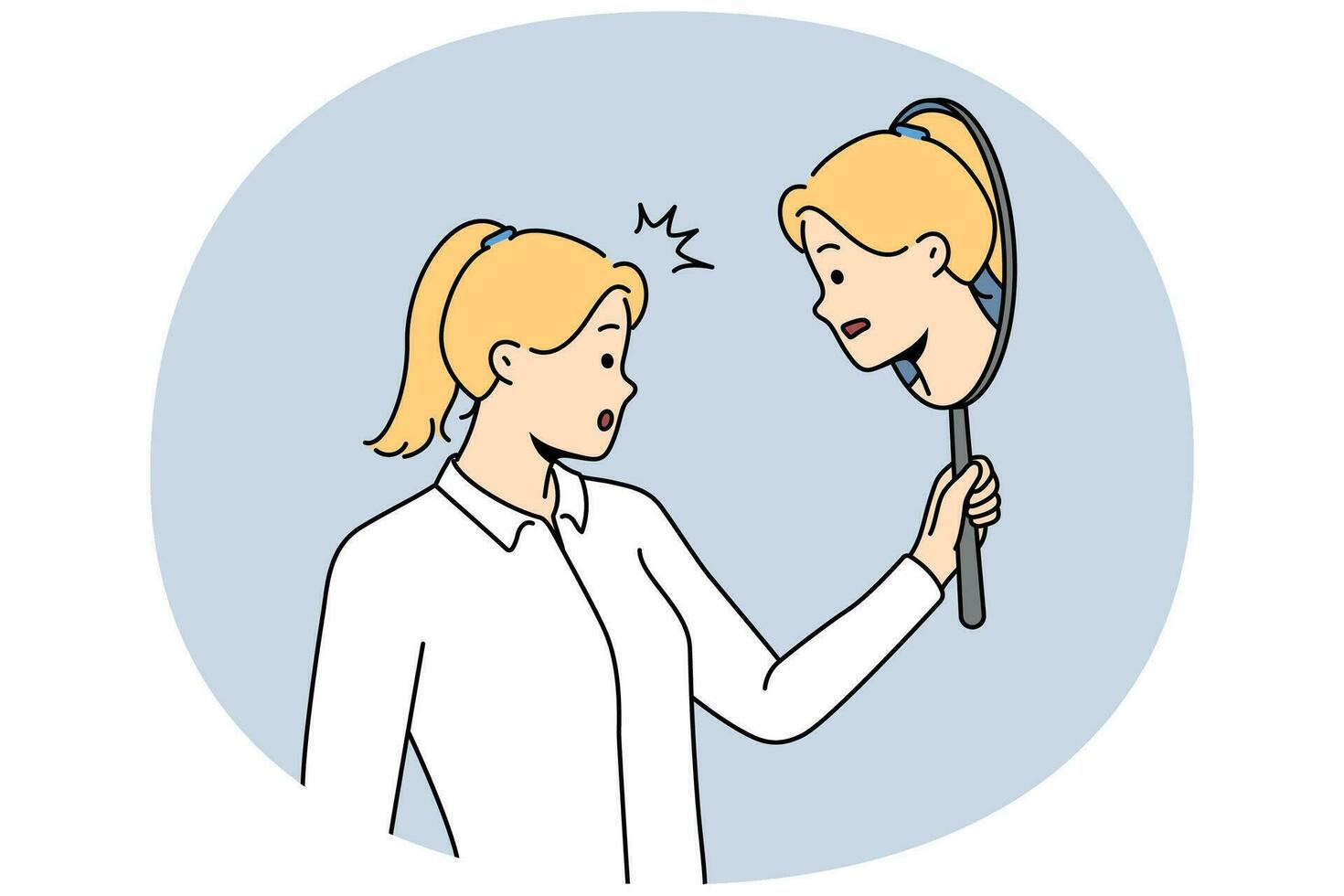 Woman look in mirror think of self-awareness vector