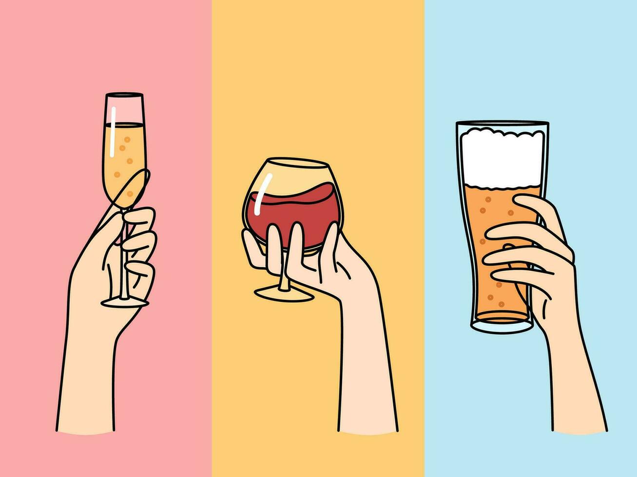 Hands people with glasses filled with alcoholic drinks offering to drink beer or wine with champagne vector