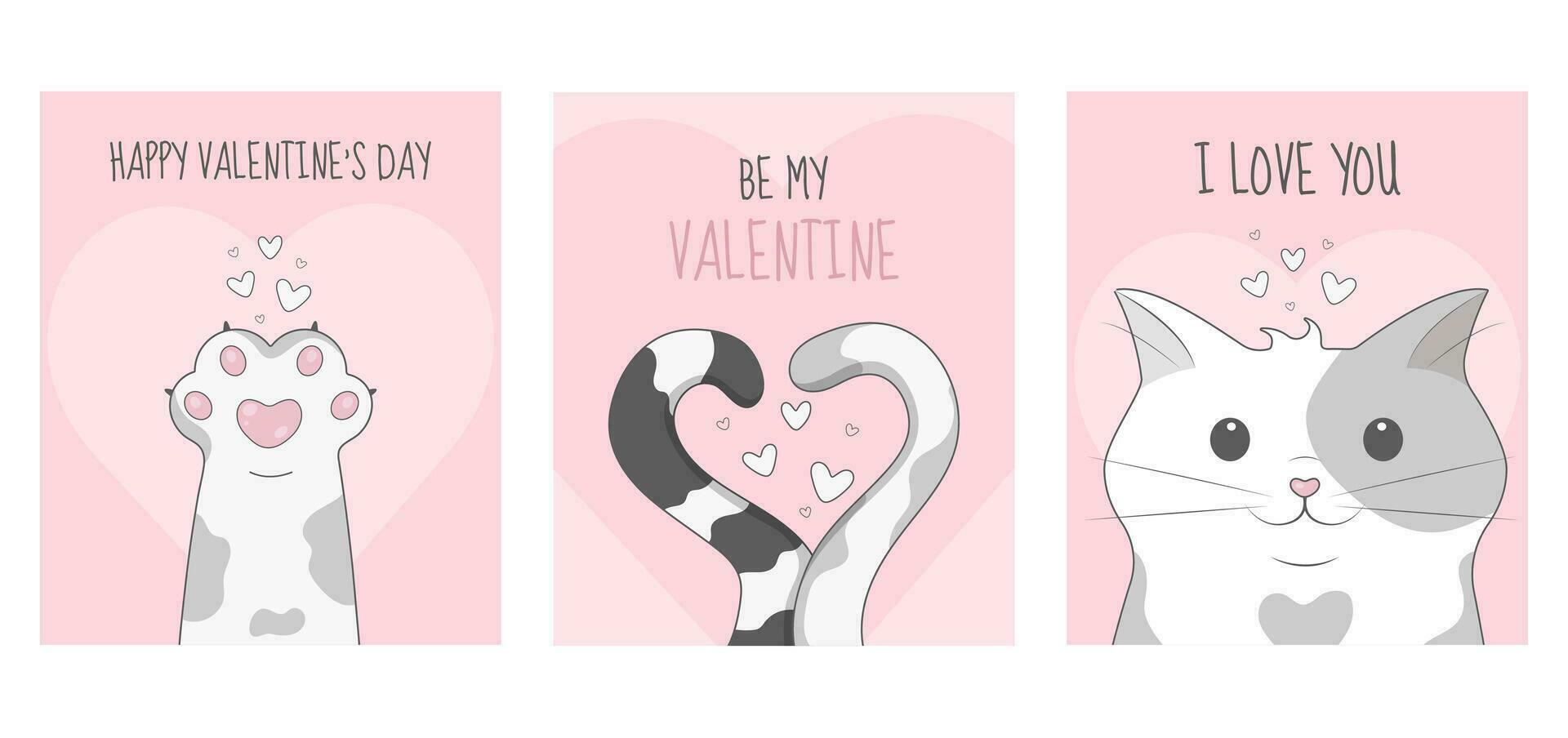 Vector set of posters for Happy Valentines day with cats on pink background