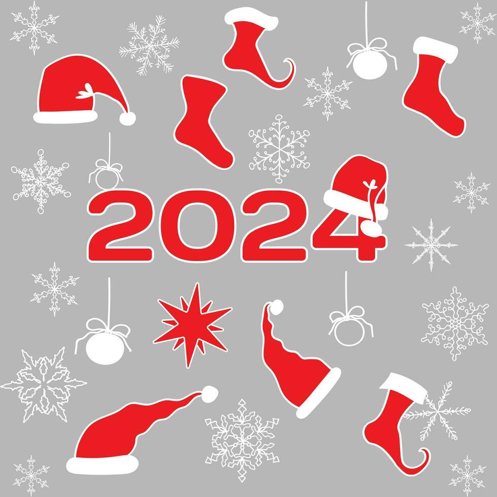 Set of New Year and Christmas elements with Santas hat, socks for gifts and a Christmas star vector