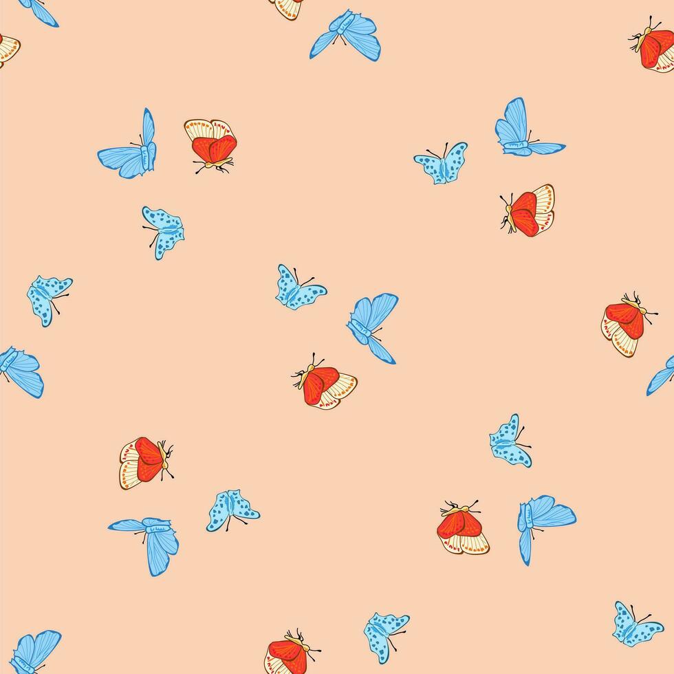 Seamless pattern. Red and blue butterflies on a peach background. Vector