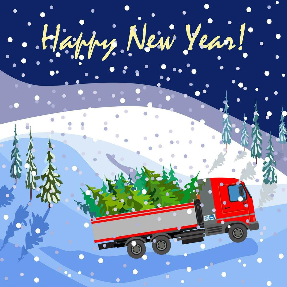 contento nuevo año saludo tarjeta con un camión que lleva Navidad arboles vector