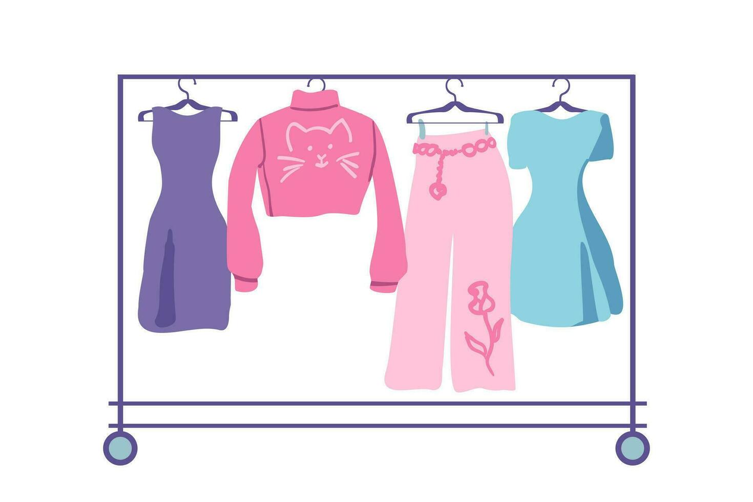 A set of clothes on stock with hangers. Set of sweater, trousers and dress. Vector illustration.