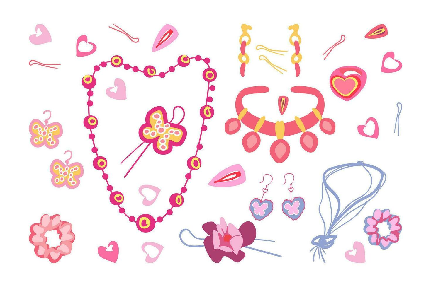 Jewelry for girls and women. Pink accessories. Stylized illustration. Isolated vector