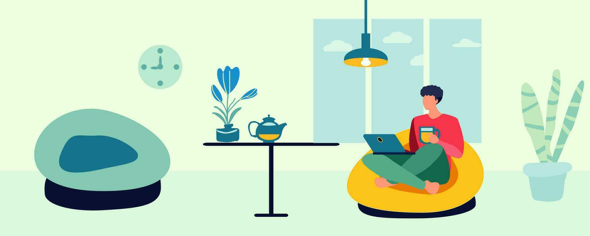 A man with a laptop resting in a chair, vector illustration