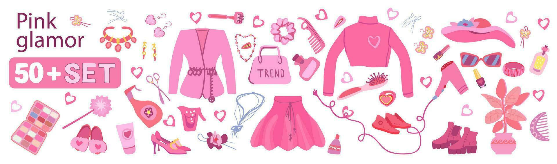 Pink set of accessories and clothes. Shoes and bags. Vector illustration.