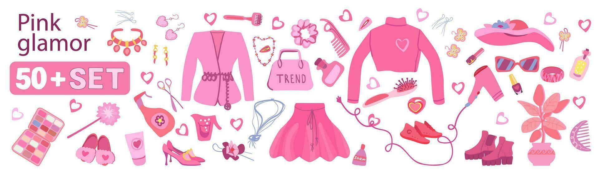 Pink set of accessories and clothes. Shoes and bags. Vector illustration.