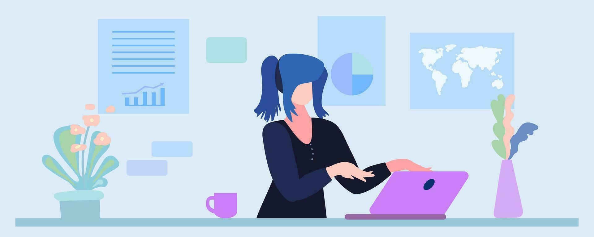 Woman using laptop, Remote work concept, home office, coffee cup, vector