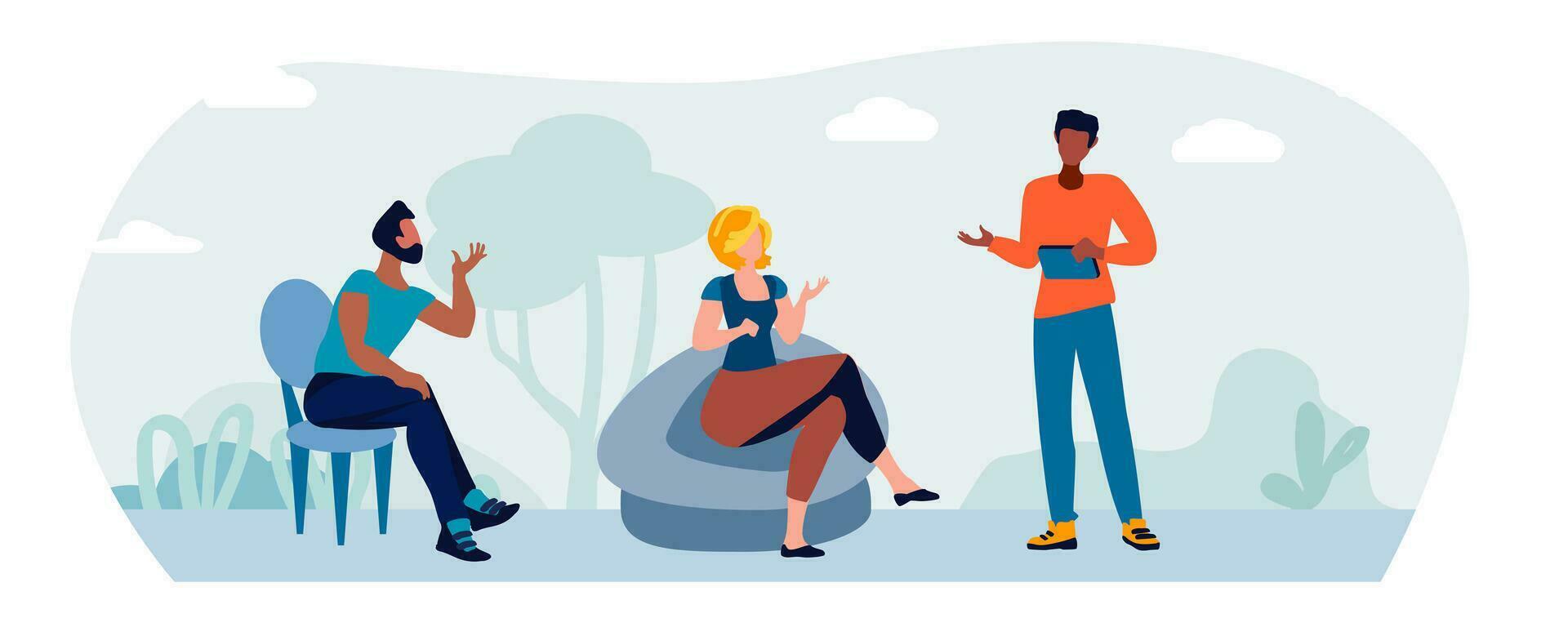Woman and men talking against a background of trees and bushes vector