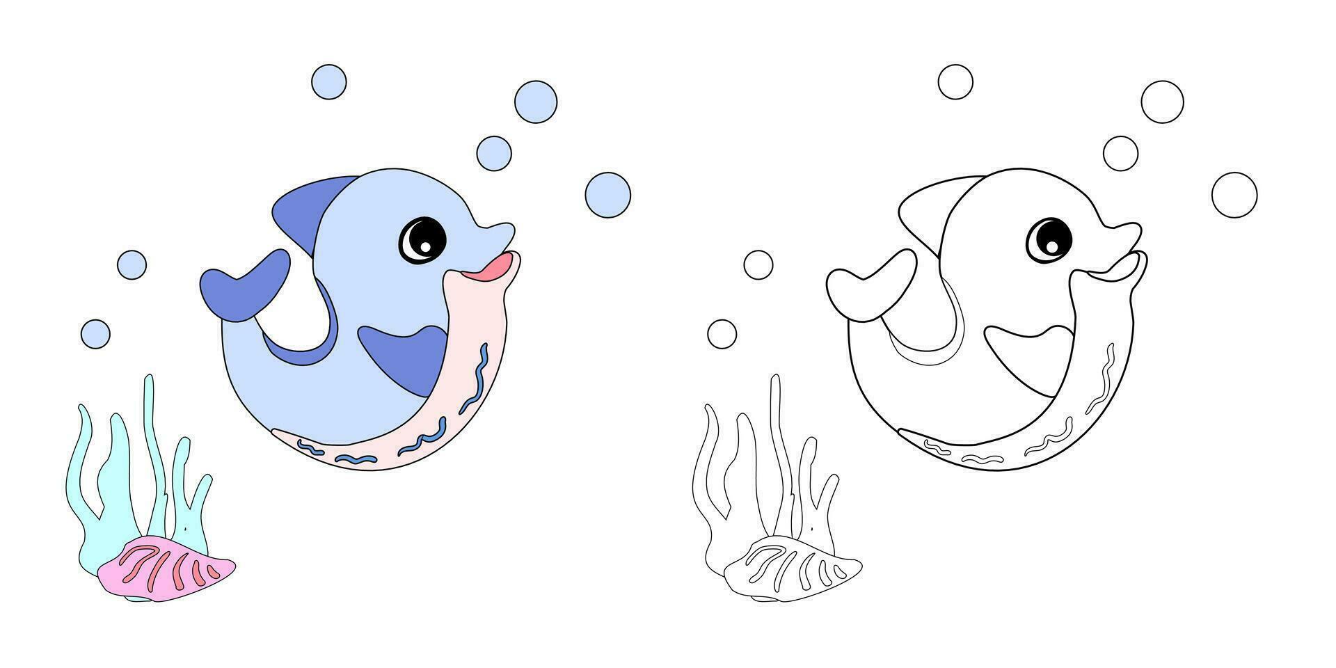 Coloring book Dolphin with shells, bubbles and algae in the ocean. For posters, prints on clothes. vector