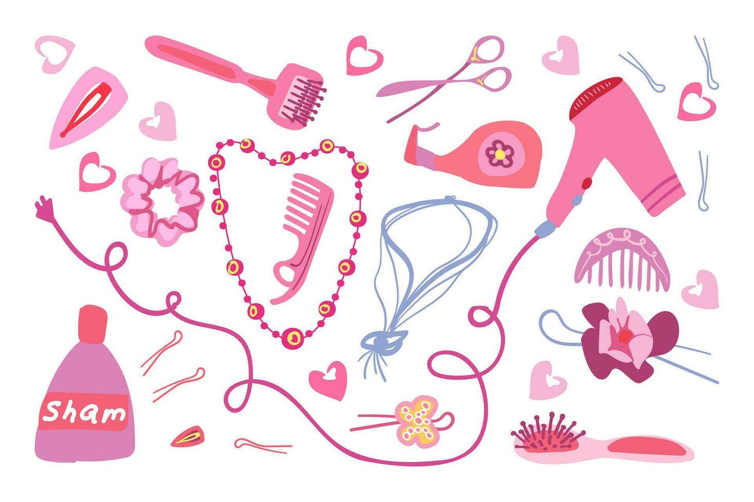 Set of pink hairstyle stickers. Hairpins. Hairdryer with combs and scissors for haircuts. vector