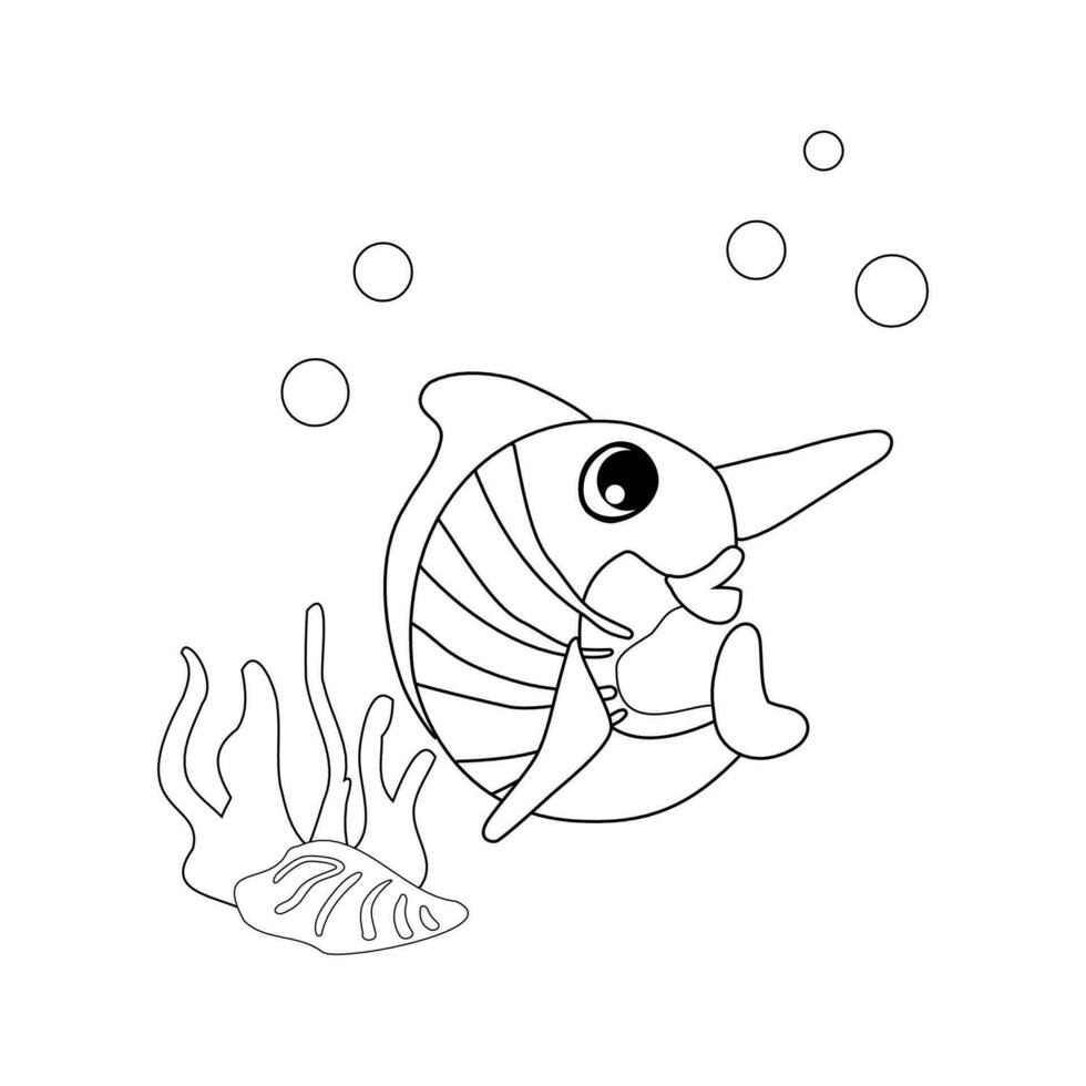 Coloring book Swordfish with bubbles and algae in the ocean. For posters, prints on clothes. vector