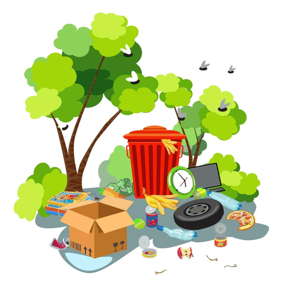 A trash can with a variety of unsorted trash against a background of green trees vector