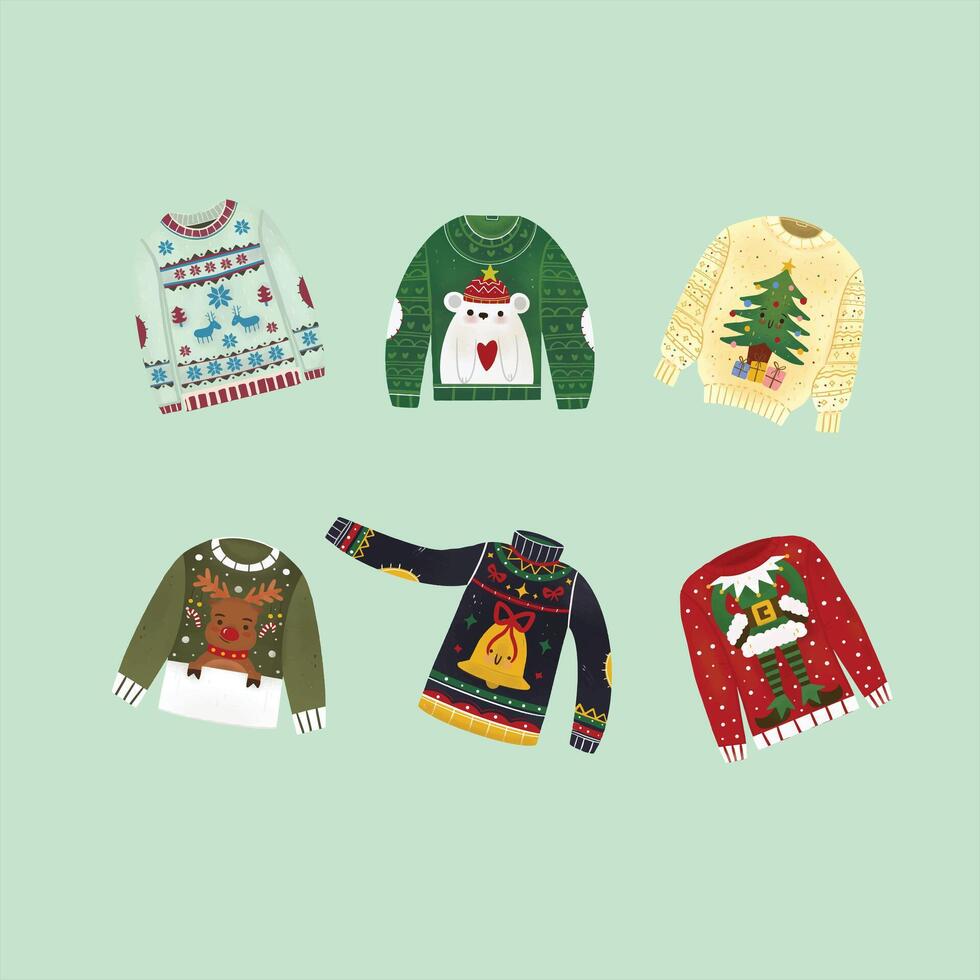 set of ugly Christmas sweaters in red and green colors. Sprig of mistleto,Christmas colourful sweater on jumper set,Ugly Sweater Sticker Set vector