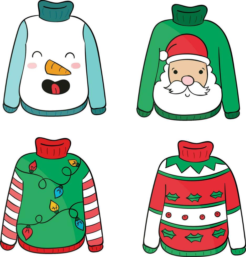 Hand drawn christmas sweaters,Set of christmas outfits and accessories,Christmas holiday ugly sweater decoration,Christmas holiday ugly sweater decoration vector