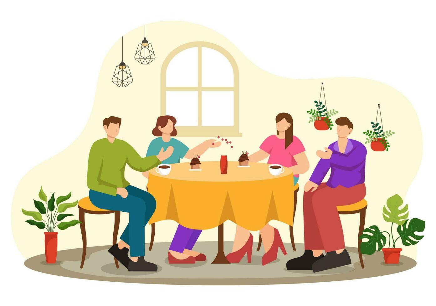 Double Date Vector Illustration with Two Couples who were Eating and Drinking Together in a Restaurant in Flat Cartoon Background Design
