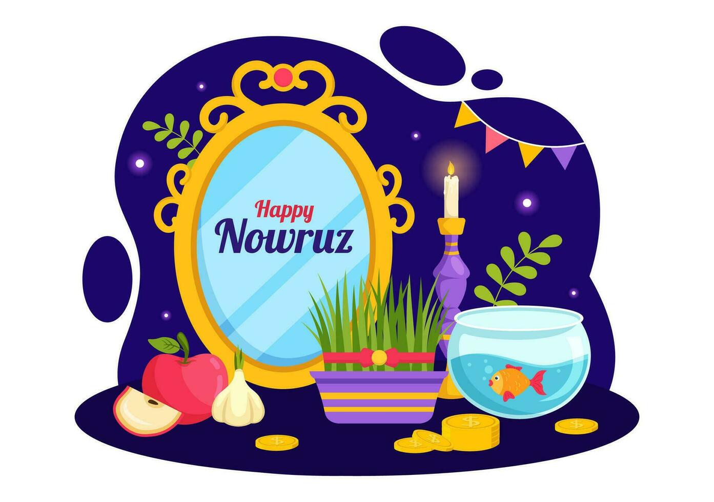 contento nowruz día vector ilustración. Traducción persa nuevo año, en 20 marzo con vaso, pez, adornos huevos y césped semeni en plano antecedentes