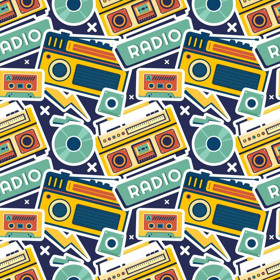 radio sin costura modelo ilustración diseño con jugador para grabar y escuchando a música en plano dibujos animados modelo vector