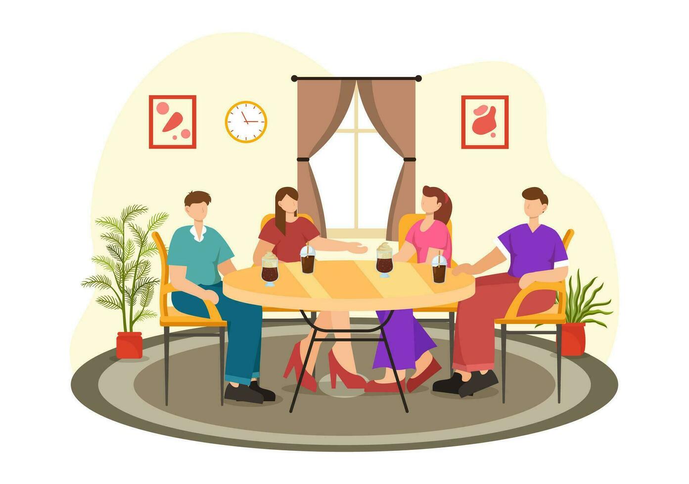 Double Date Vector Illustration with Two Couples who were Eating and Drinking Together in a Restaurant in Flat Cartoon Background Design