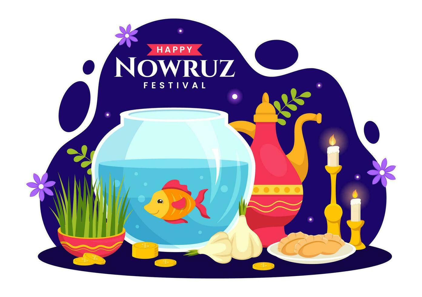 contento nowruz día vector ilustración. Traducción persa nuevo año, en 20 marzo con vaso, pez, adornos huevos y césped semeni en plano antecedentes