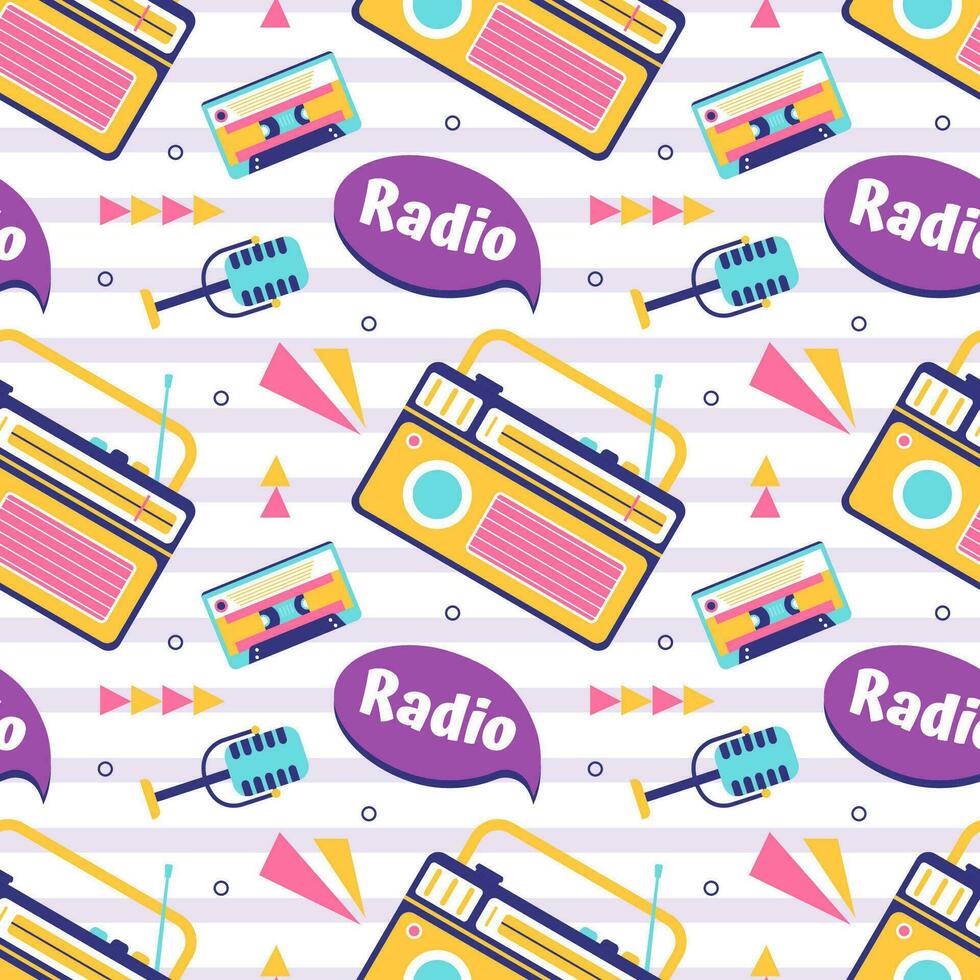 Radio Seamless Pattern Illustration Design with Player for Record and Listening to Music in Flat Cartoon Template vector
