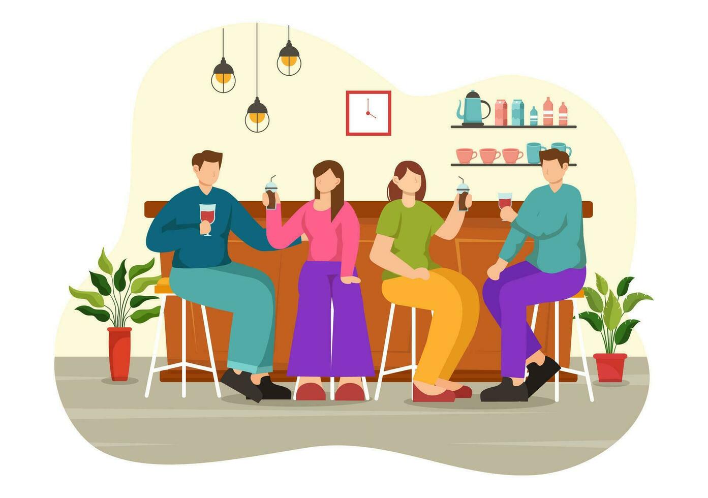 Double Date Vector Illustration with Two Couples who were Eating and Drinking Together in a Restaurant in Flat Cartoon Background Design