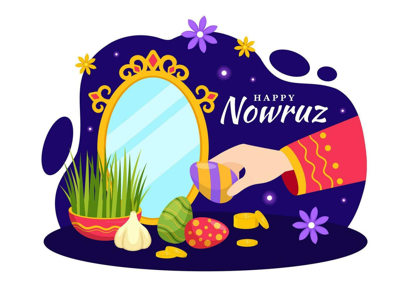 Happy Nowruz Day Vector Illustration. Translation Persian New Year, on 20 March with Glass, Fish, Ornaments Eggs and Grass Semeni in Flat Background