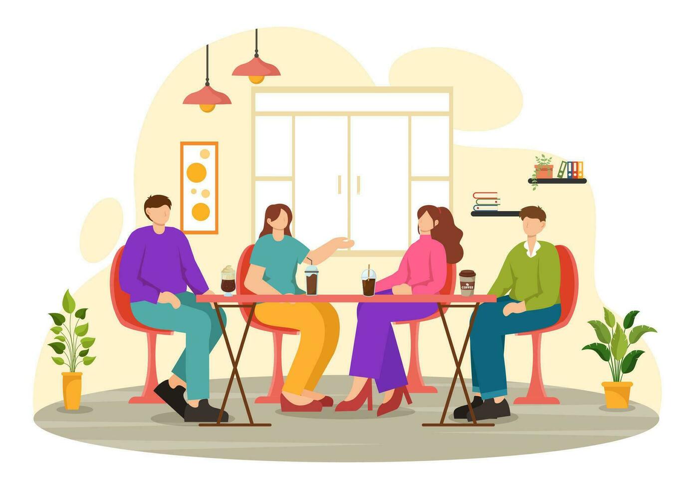 Double Date Vector Illustration with Two Couples who were Eating and Drinking Together in a Restaurant in Flat Cartoon Background Design