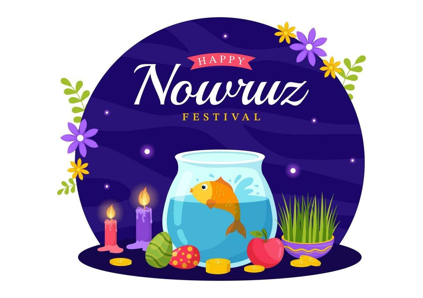 contento nowruz día vector ilustración. Traducción persa nuevo año, en 20 marzo con vaso, pez, adornos huevos y césped semeni en plano antecedentes