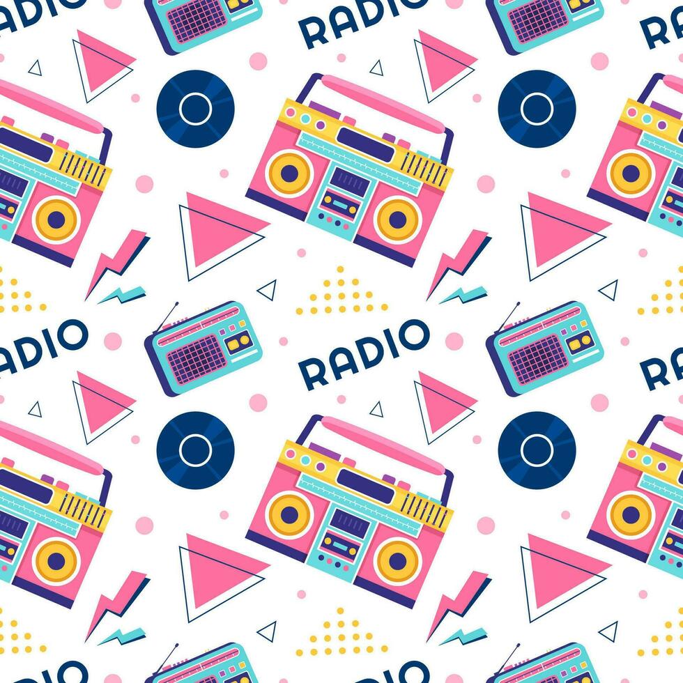 Radio Seamless Pattern Illustration Design with Player for Record and Listening to Music in Flat Cartoon Template vector