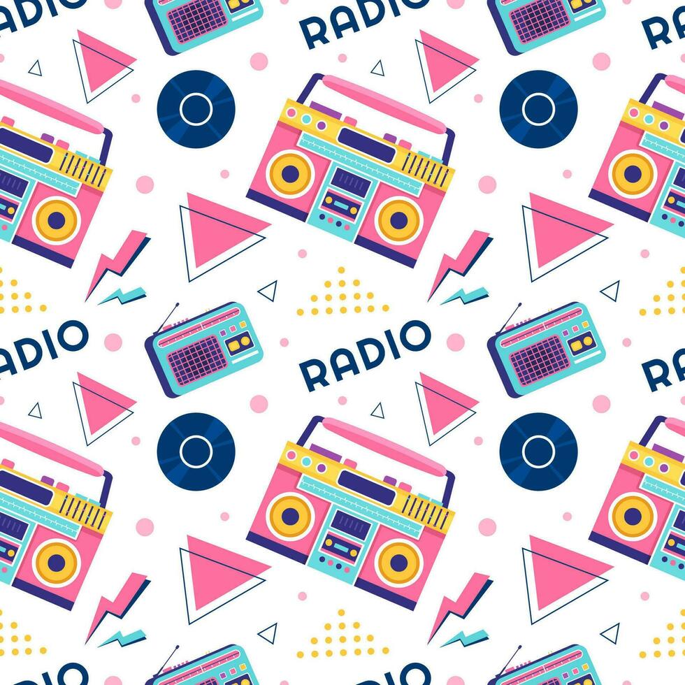 radio sin costura modelo ilustración diseño con jugador para grabar y escuchando a música en plano dibujos animados modelo vector