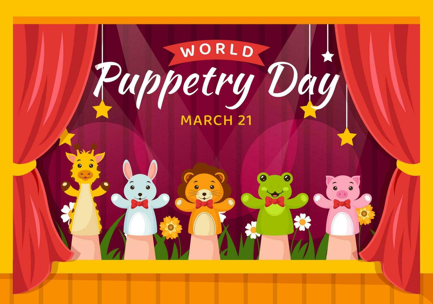 World Puppetry Day Vector Illustration on March 21 for Puppet Festivals which is moved by the Fingers Hands in Flat Cartoon Background Design