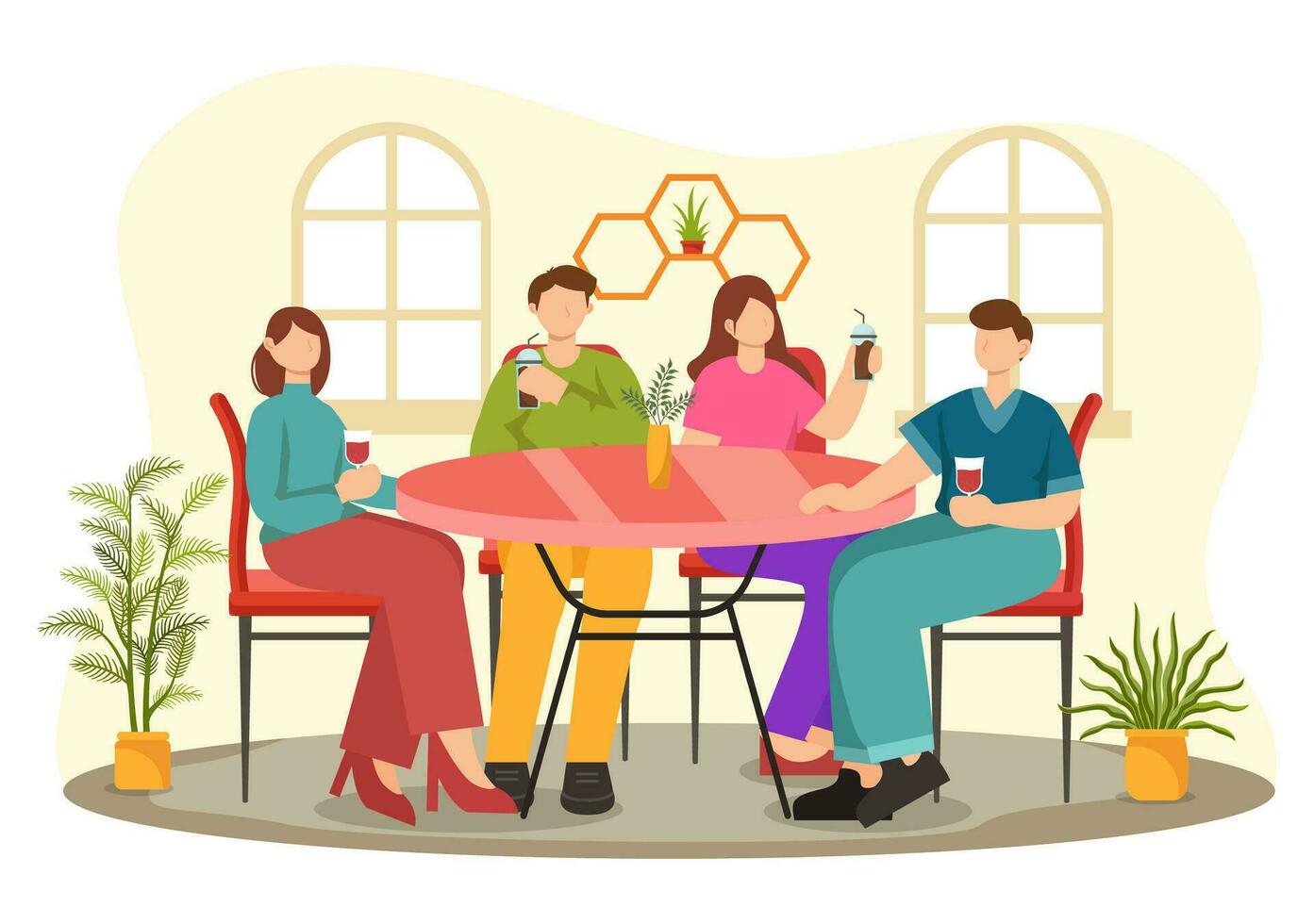 Double Date Vector Illustration with Two Couples who were Eating and Drinking Together in a Restaurant in Flat Cartoon Background Design