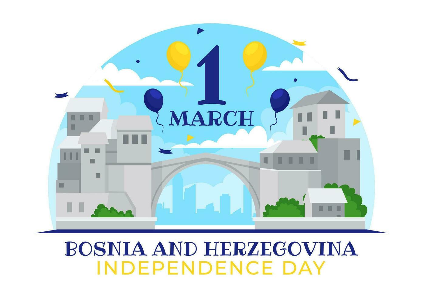 Bosnia and Herzegovina Independence Day Vector Illustration on 1st of March with Waving Flag and Landmark Building in Memorial Holiday flat Background