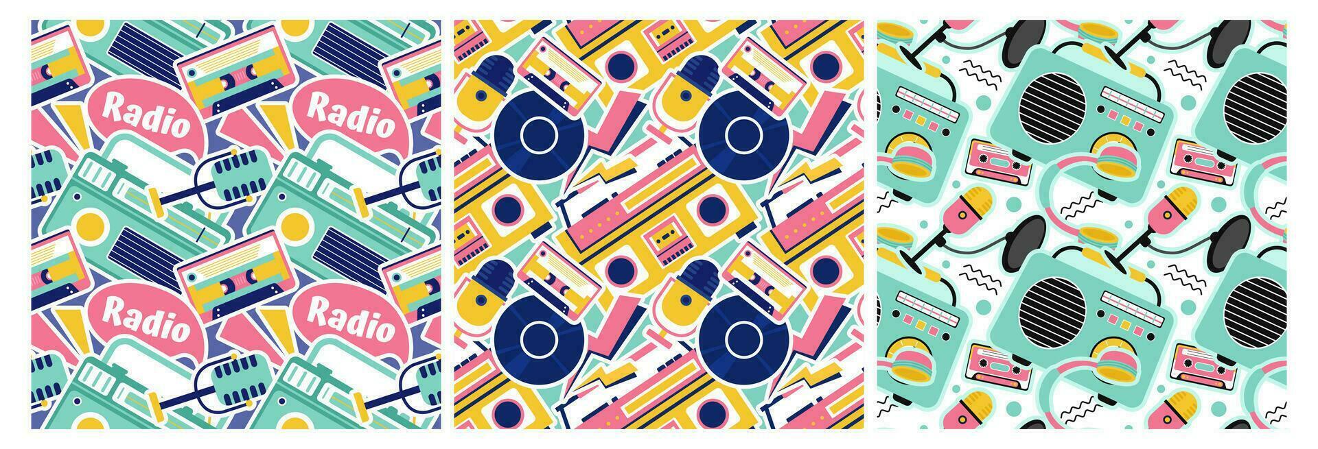 Set of Radio Seamless Pattern Illustration Design with Player for Record and Listening to Music in Flat Cartoon Template vector