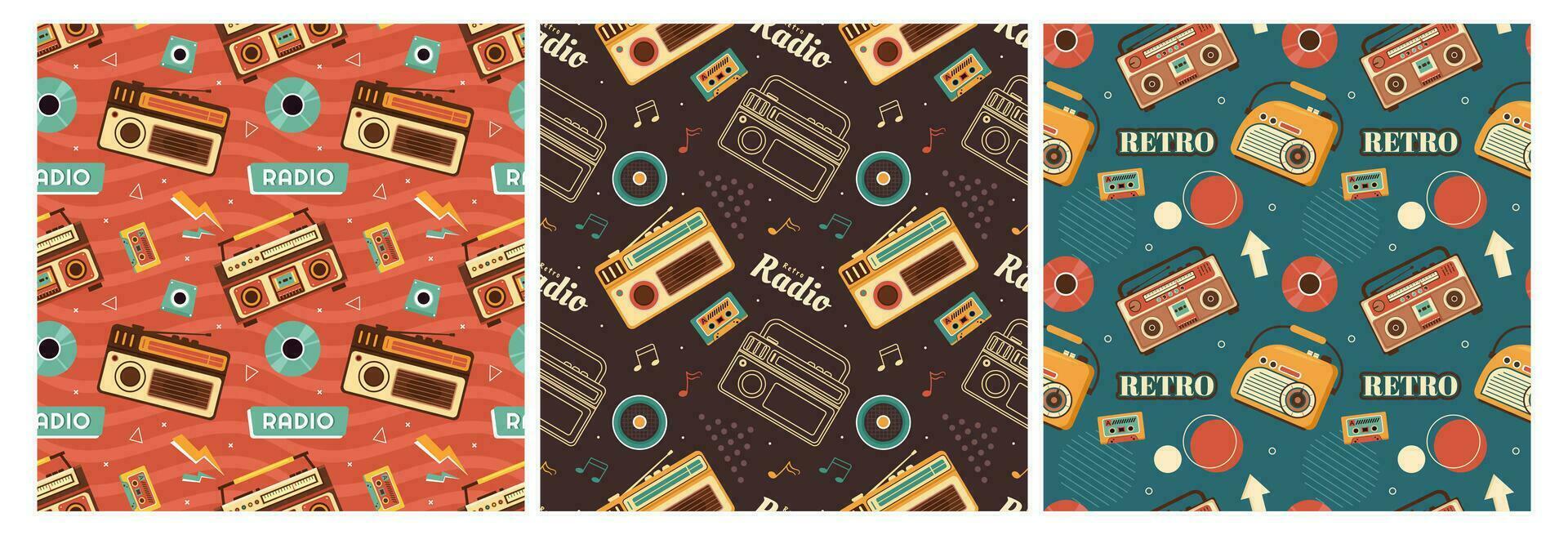 conjunto de radio sin costura modelo ilustración diseño con jugador para grabar y escuchando a música en plano dibujos animados modelo vector