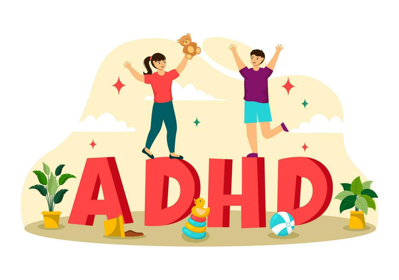 ADHD or Attention Deficit Hyperactivity Disorder Vector Illustration with Kids Impulsive and Hyperactive Behavior in Mental health and Psychology