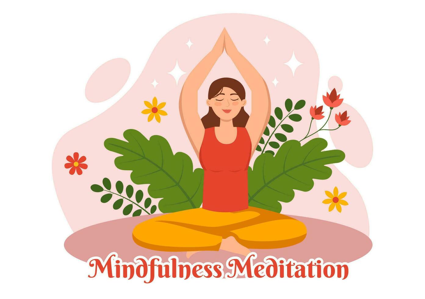 Mindfulness Meditation Vector Illustration of Person with Closed Eyes and Crossed Legs and Relaxation in Yoga Lotus Posture Flat Background