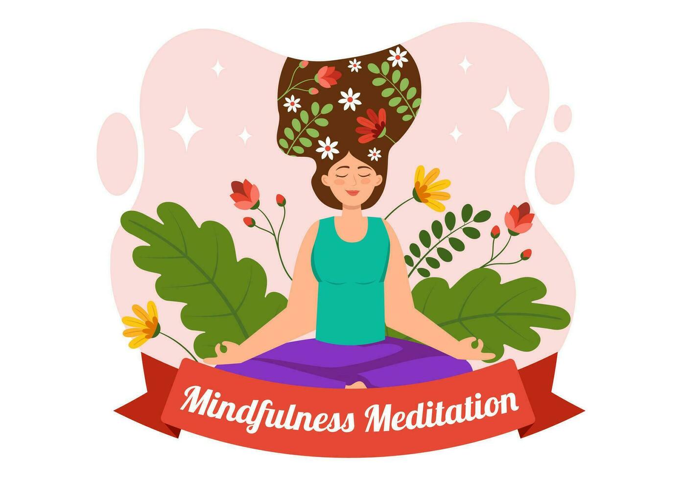 Mindfulness Meditation Vector Illustration of Person with Closed Eyes and Crossed Legs and Relaxation in Yoga Lotus Posture Flat Background