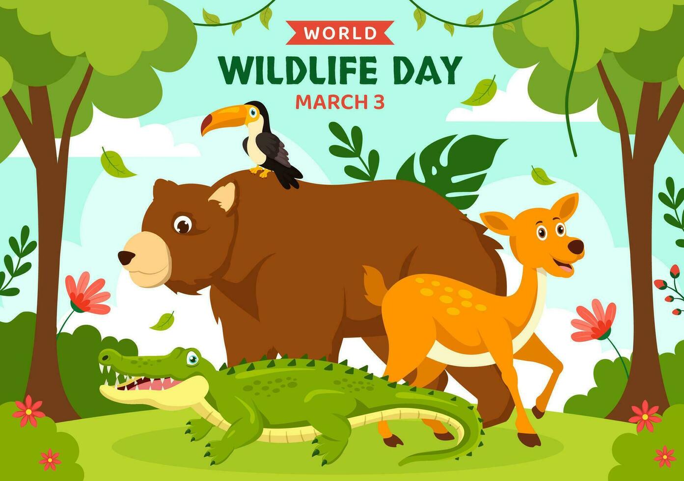 World Wildlife Day Vector Illustration on March 3 with Various a Animals to Protection Animal and Preserve Their Habitat in Forest in Flat Background