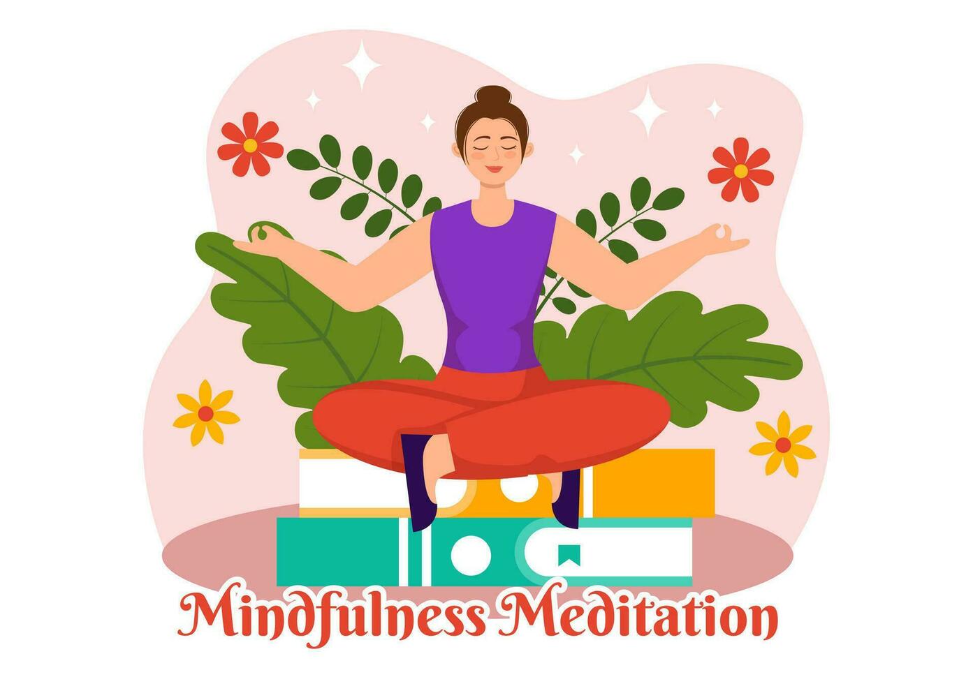 Mindfulness Meditation Vector Illustration of Person with Closed Eyes and Crossed Legs and Relaxation in Yoga Lotus Posture Flat Background