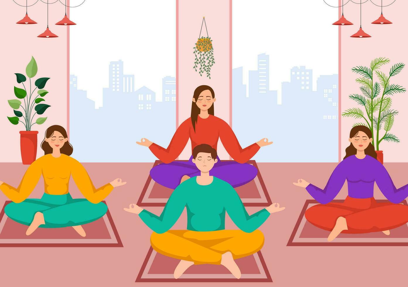 atención plena meditación vector ilustración de persona con cerrado ojos y cruzado piernas y relajación en yoga loto postura plano antecedentes