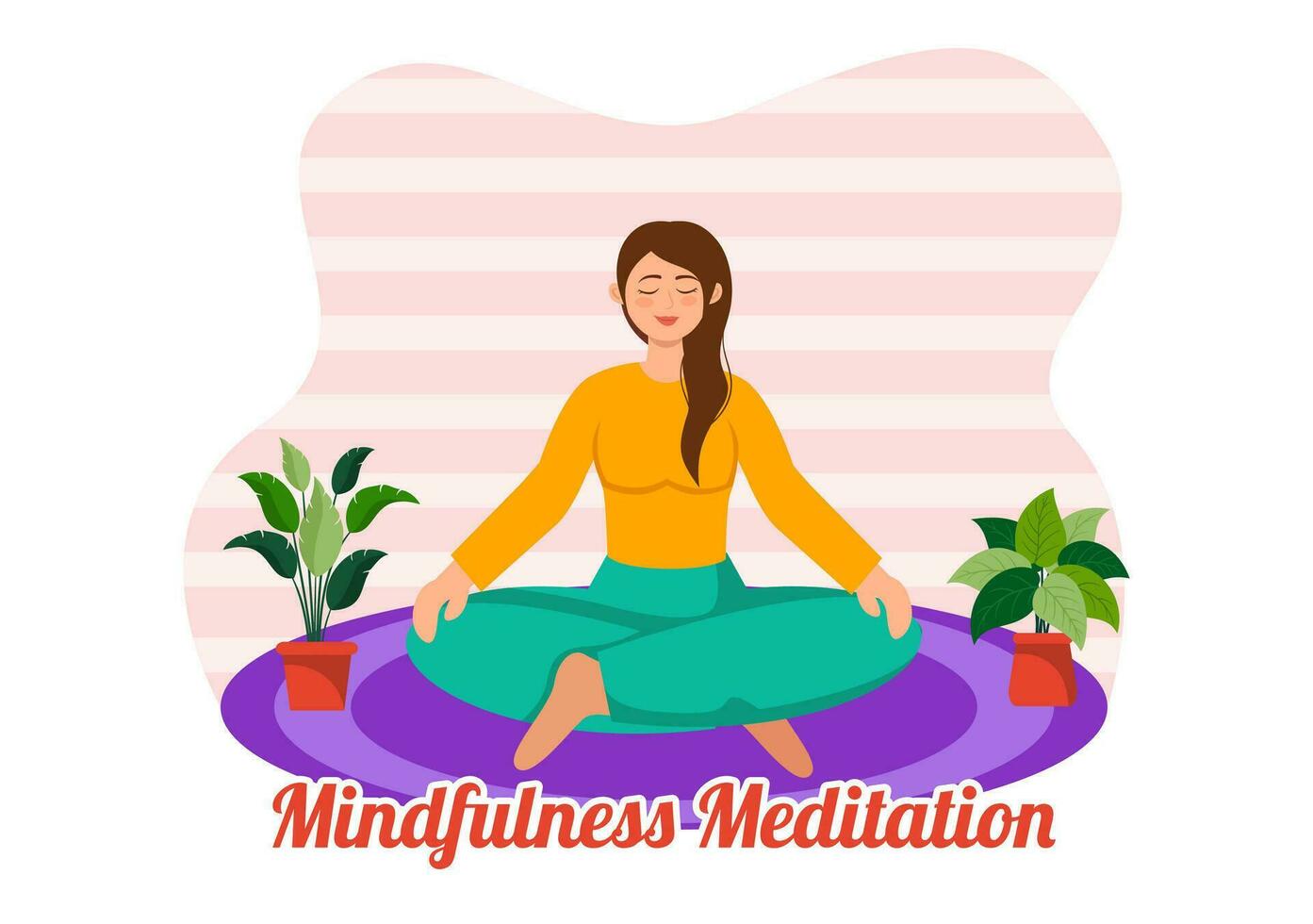 Mindfulness Meditation Vector Illustration of Person with Closed Eyes and Crossed Legs and Relaxation in Yoga Lotus Posture Flat Background