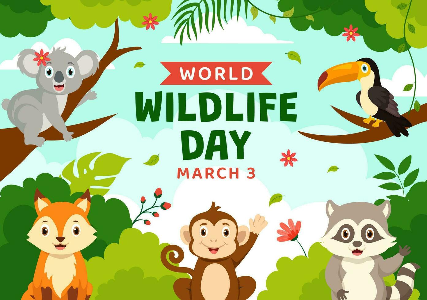 World Wildlife Day Vector Illustration on March 3 with Various a Animals to Protection Animal and Preserve Their Habitat in Forest in Flat Background