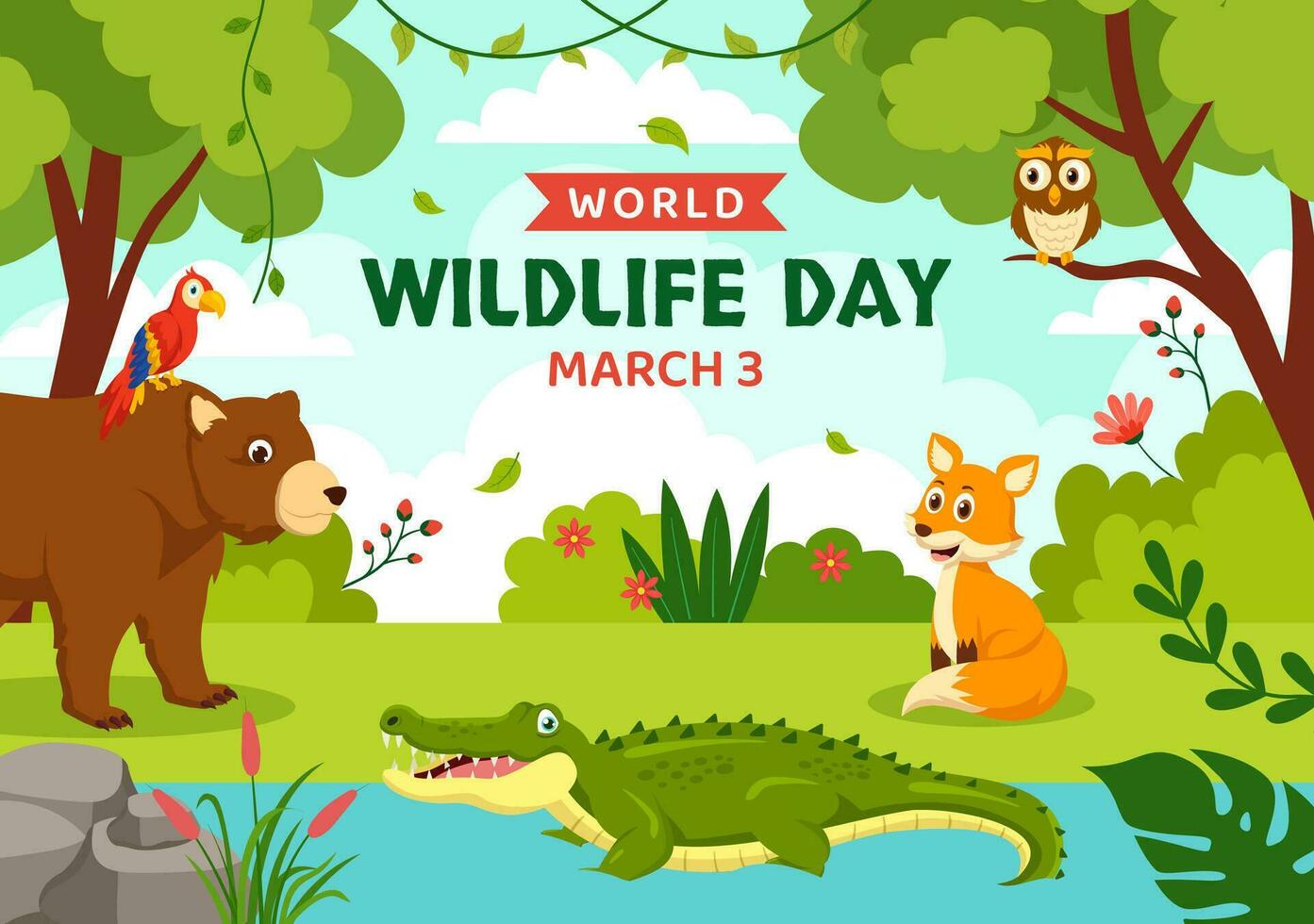 World Wildlife Day Vector Illustration on March 3 with Various a Animals to Protection Animal and Preserve Their Habitat in Forest in Flat Background