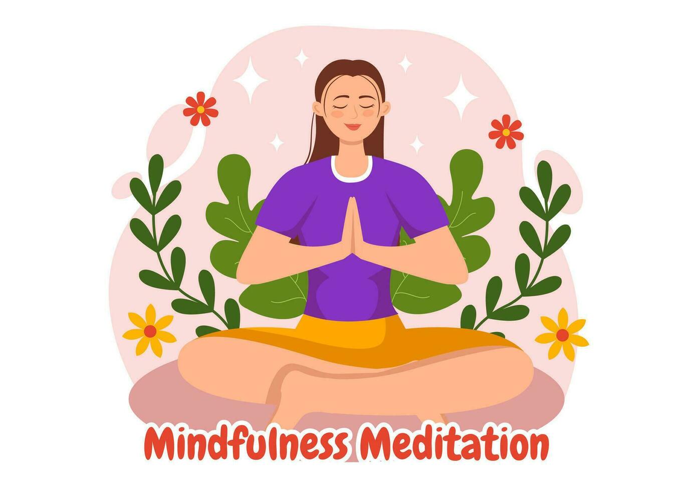 Mindfulness Meditation Vector Illustration of Person with Closed Eyes and Crossed Legs and Relaxation in Yoga Lotus Posture Flat Background