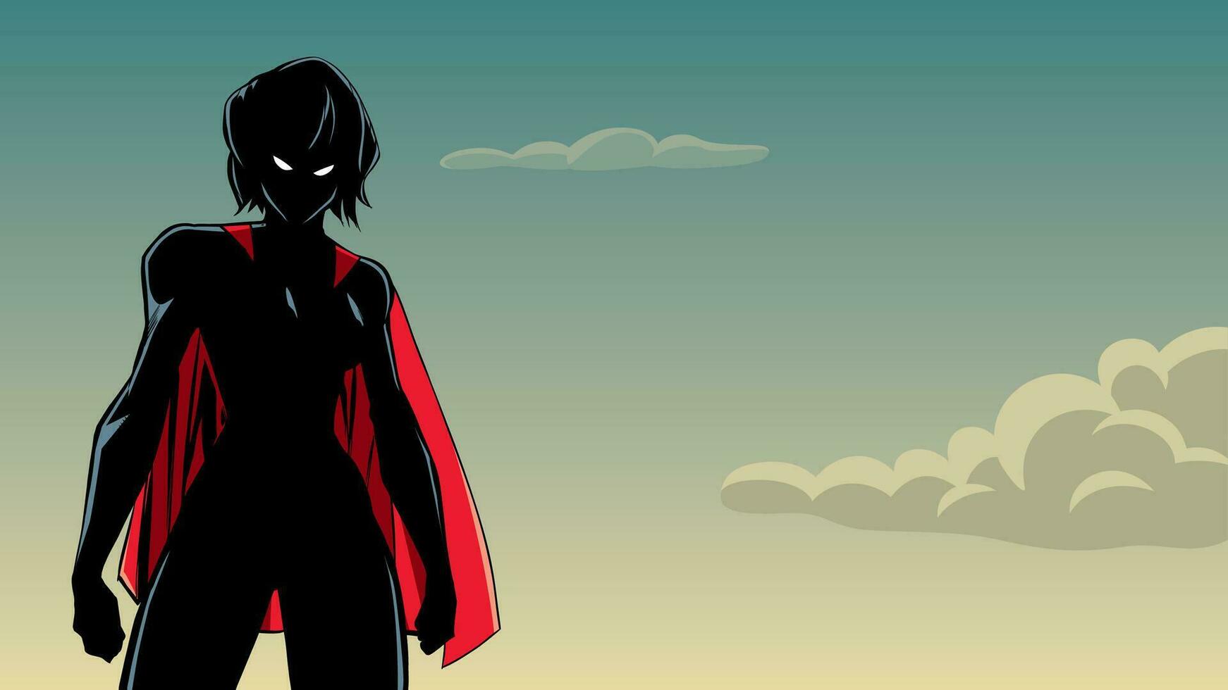 superheroína batalla modo cielo silueta vector